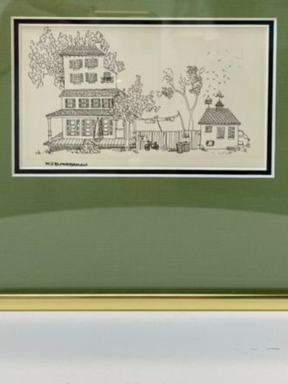 M.J. Blakebrough Framed Print - Whimsical Outhouse & Bicycles Pen & Ink Sketch - Picture 2 of 3